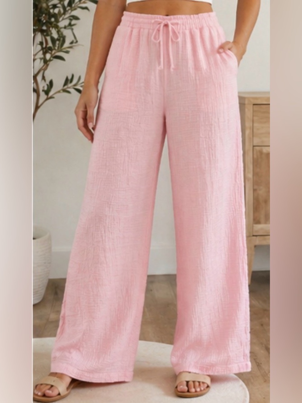 Ocean Drive Pink Gauze Wide Leg Pants Elastic Waist Beachy Lounge S/M
